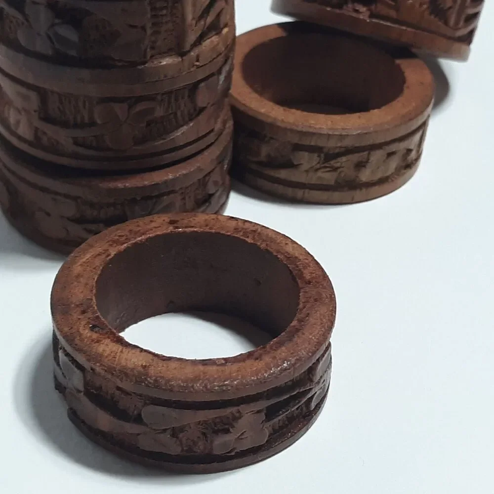 6pc Beautiful Boho Hand Carved Wooden Napkin Rings Holders Flowers Leaves